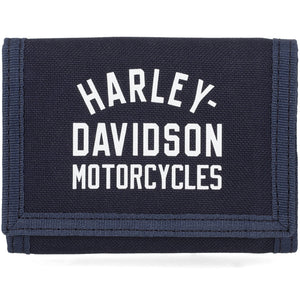 Navy blue wallet with 'Harley-Davidson Motorcycles' logo on a white background