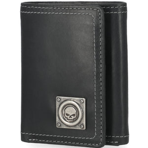 Black leather wallet with skull emblem on a white background