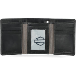 Black leather wallet with visible brand logo on a white background