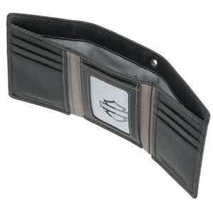 Black and gray wallet with a visible brand logo on a white background