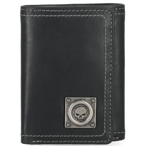 Harley-Davidson Men's Skull Stitch Tri-Fold Genuine Leather Wallet, Black MWM083/08