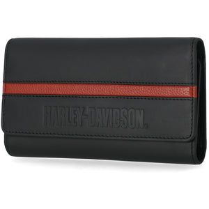 Black wallet with red stripe and Harley-Davidson logo on a white background