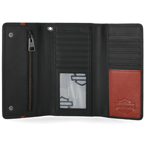 Open black wallet with red interior and visible brand logo on a white background