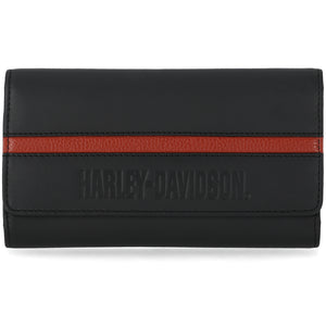 Black wallet with red stripe and Harley-Davidson logo on a white background