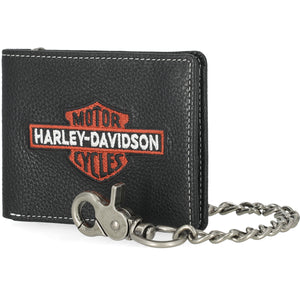Black leather wallet with Harley-Davidson logo and chain on a white background