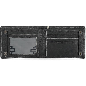 Black leather wallet with visible stitching on a white background
