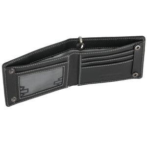 Black leather wallet with visible stitching on a white background