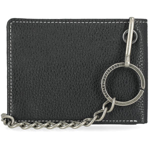 Black leather cardholder with silver chain and keychain on a white background