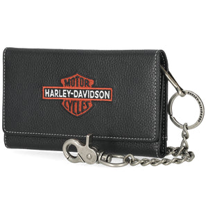 Black leather wallet with Harley-Davidson logo and keychain on a white background