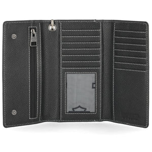 Black leather wallet with multiple compartments on a white background