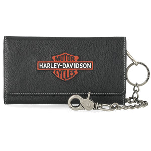 Black leather wallet with Harley-Davidson logo and keychain on a white background