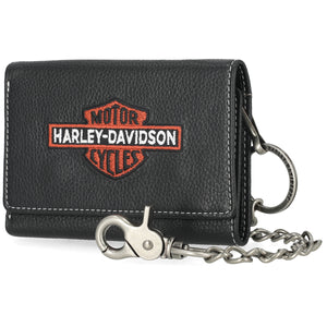 Black leather wallet with Harley-Davidson logo and chain on a white background