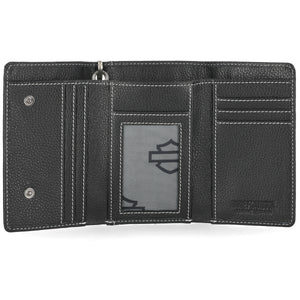 Black leather wallet with visible brand logo on a white background