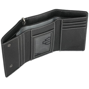 Black leather wallet with a brand logo on a white background