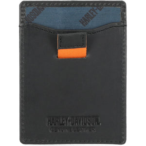 Black leather wallet with orange accent and Harley Davidson branding on a white background