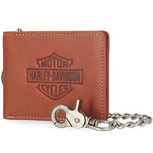 Brown leather wallet with Harley-Davidson logo and keychain on a white background