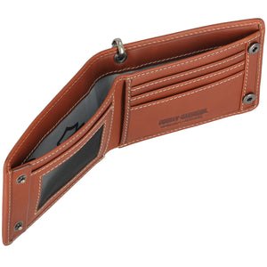 Brown leather wallet with visible stitching on a white background