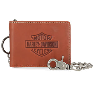 Harley-Davidson Men's Bar & Shield Embroidered Billfold Chain Leather Wallet, Cognac Brown MWM118/35