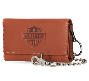 Brown leather wallet with chain and Harley-Davidson logo on a white background