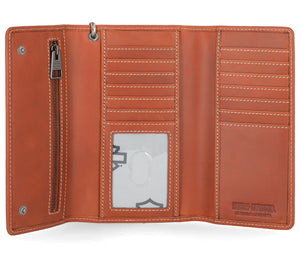 Brown leather wallet with card slots and a zipper pocket on a white background