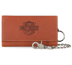 Harley-Davidson Men's Bar & Shield Embossed Trifold Trucker Chain Leather Wallet, Cognac Brown MWM119/35