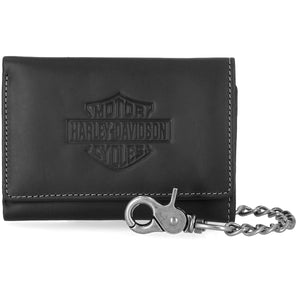 Harley-Davidson Men's Bar & Shield Embossed Trifold Chain Leather Wallet, Black MWM120/08
