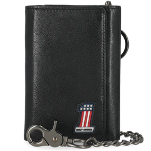 Harley-Davidson Men's RWB #1 Genuine Leather RFID Trifold Chain Wallet, Black MWM122/08