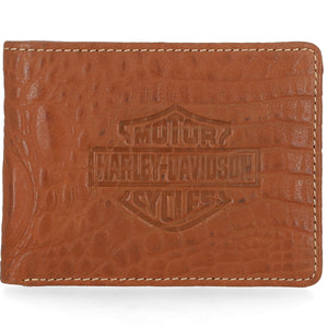 A brown leather bi-fold wallet with an embossed Harley-Davidson logo on the front, featuring a textured crocodile pattern and light-colored stitching along the edges.