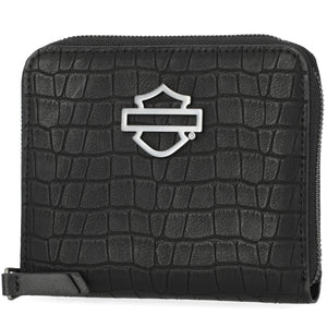 Black textured wallet with a logo on a white background