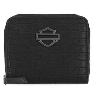 Harley-Davidson Women's Metal Bar & Shield Croco Small Zip Around Wallet, Black MWW047/08