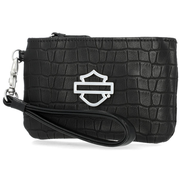 Harley-Davidson Women's Open Bar & Shield Croco Coin Case W/ Wristlet, Black MWW048/08