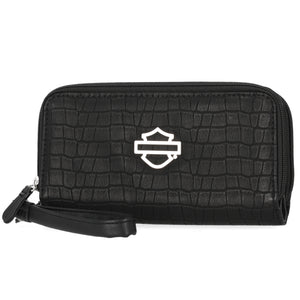 Black crocodile-patterned wallet with a logo on a white background