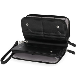 Black leather wallet with a strap on a white background