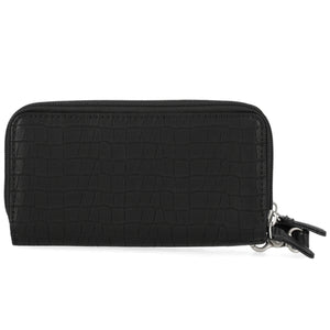 Black textured wallet with a zipper on a white background