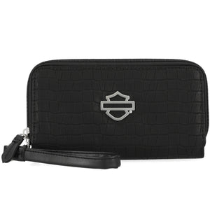 Black textured wallet with a logo on a white background