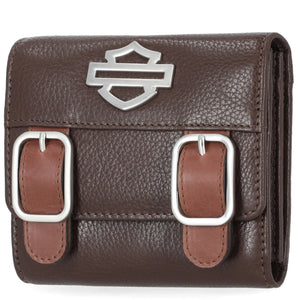 Brown leather wallet with silver buckle accents and logo on a white background