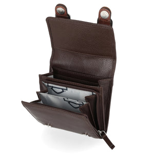 Brown leather wallet with multiple compartments on a white background