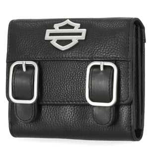 Black leather wallet with silver buckles and emblem on a white background