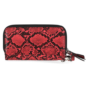 Red snake print wallet with black accents on a white background