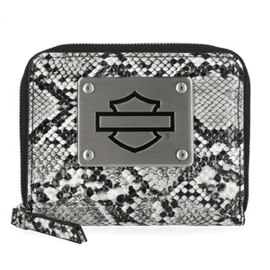Snake print wallet with a brand logo on a white background