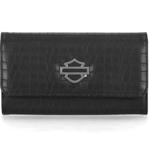 Harley-Davidson Women's Metal Bar & Shield Embossed Croco Clutch Wallet, Black MWW072/08