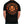 Black t-shirt with orange graphic design on the back, featuring a skull and crossbones symbol.