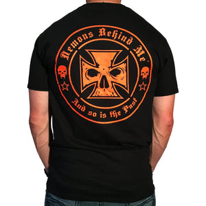 Black t-shirt with orange graphic design on the back, featuring a skull and crossbones symbol.