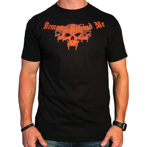 Black t-shirt with orange skull design and text 'Demons Behind Me' on a white background
