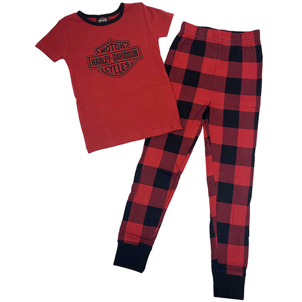 Harley-Davidson Little Girls Bar & Shield 2-Piece Tight Fit Plaid Toddler Pajama - Red/Black