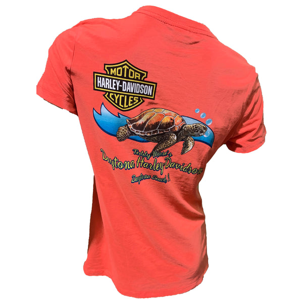 Harley-Davidson Women's Bike Week 2025 Deep Sea Turtle Gear Short Sleeve Shirt, Coral Red