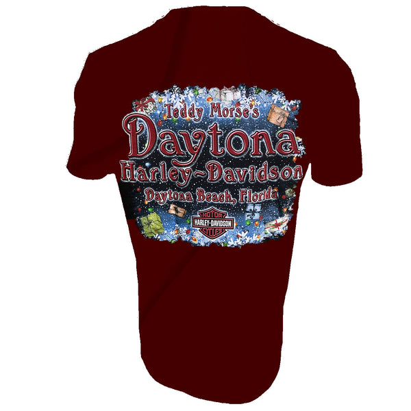 Teddy Morse's Daytona Harley-Davidson Men's Santa's Christmas Ride Out Short Sleeve Shirt, Dark Red