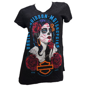 Black t-shirt with a colorful graphic design featuring a woman with a skull makeup and roses, and 'Hudson Motorcycles' text.