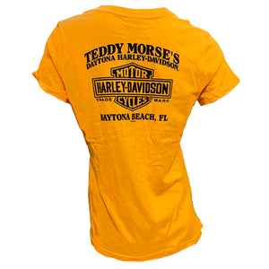 Yellow t-shirt with black text and logo on the back, featuring 'Teddy Morse's Daytona Harley-Davidson'.