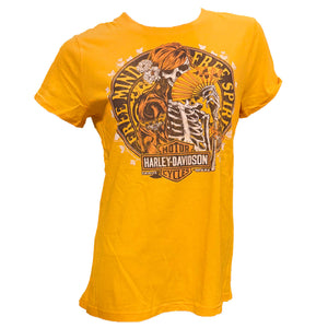 Yellow t-shirt with a graphic design featuring 'Harley Davidson' on a white background